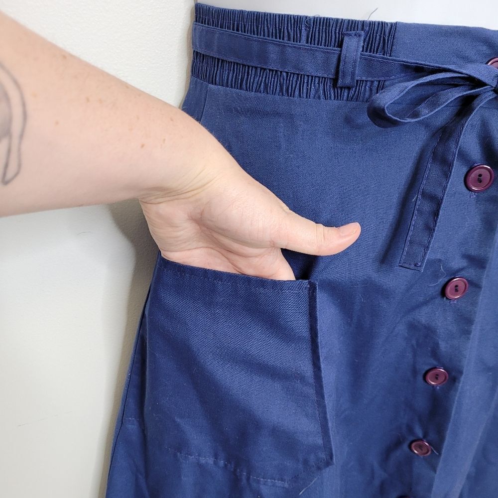 VINTAGE 70s skirt button up navy blue elastic waist fit and flare‎ midi S - Picture 3 of 8